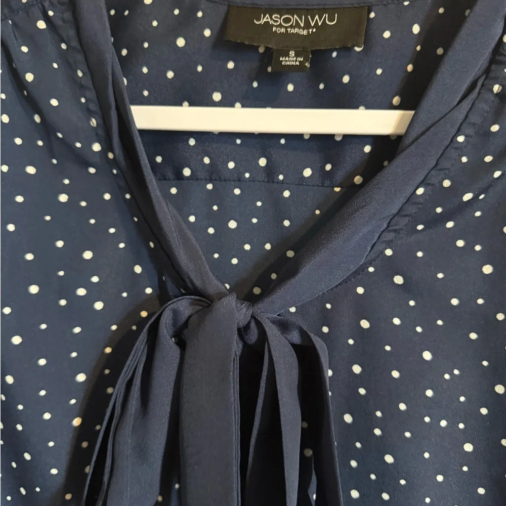 Jason Wu Navy Blue Polka Dot tie-neck blouse small - Picture 3 of 6